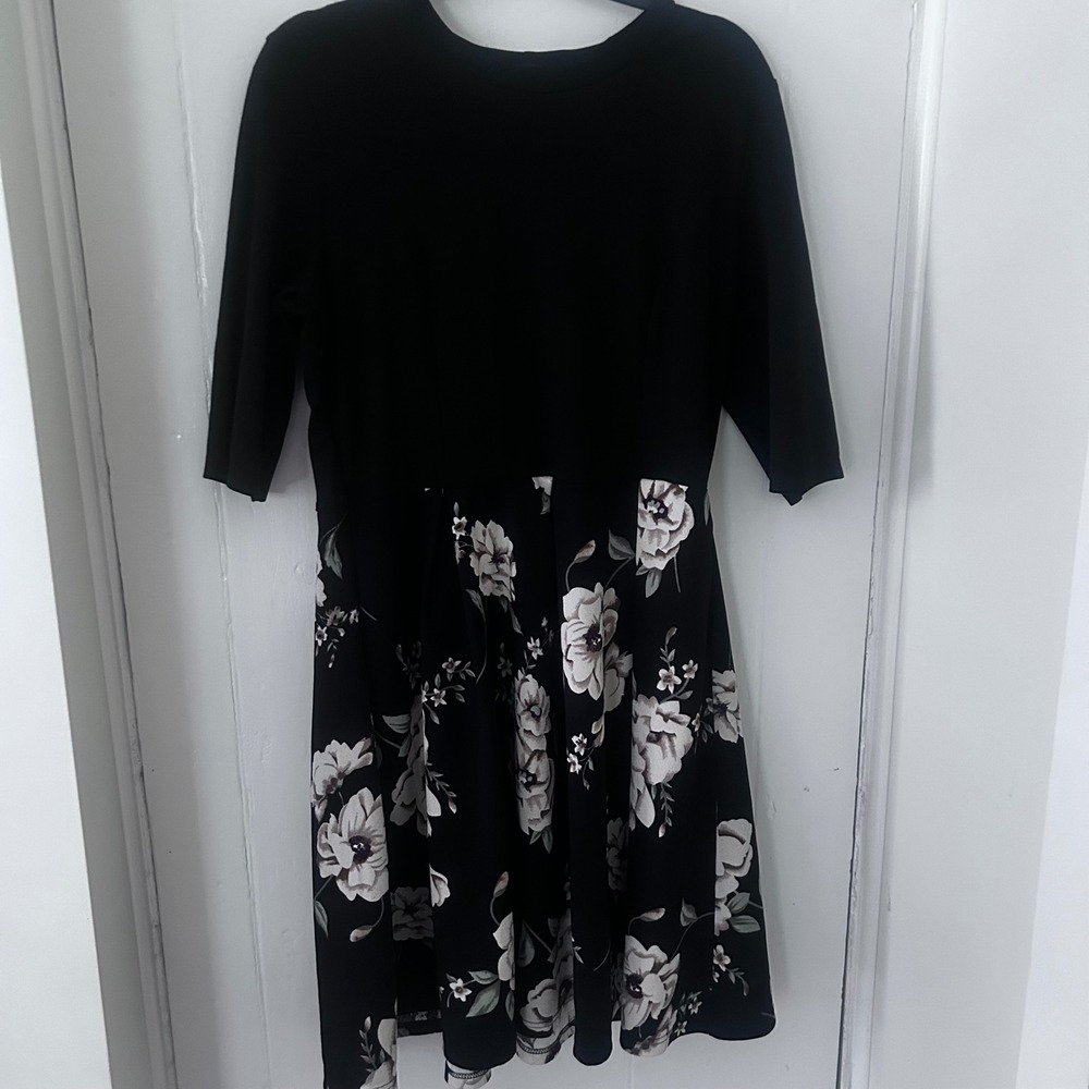 Oxiuly Fashion Womens XL Black Floral Fit and Flare Dress 3/4 Sleeve Pockets